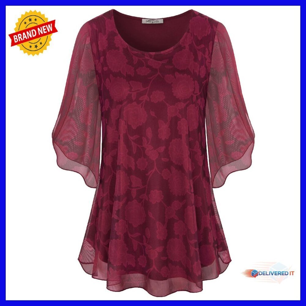 Floral Mesh 3/4 Sleeve Ruffle Blouse Loose Stretchy Tunic Top